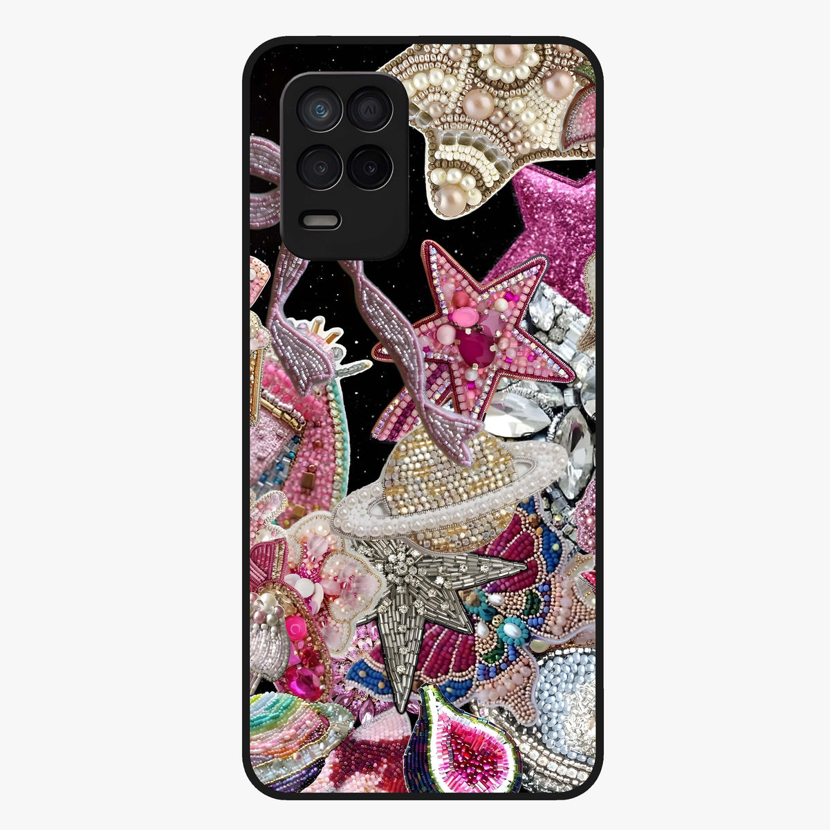 Starlit Jewel Dream Glass Case showing flat back view with sparkling jewel and star themed artwork and glossy glass finish.