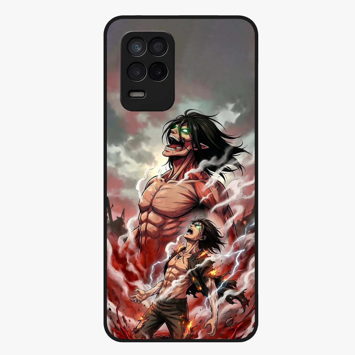 Titan Awakening Fury Glass Case showing flat back view with powerful titan inspired artwork and glossy glass finish.