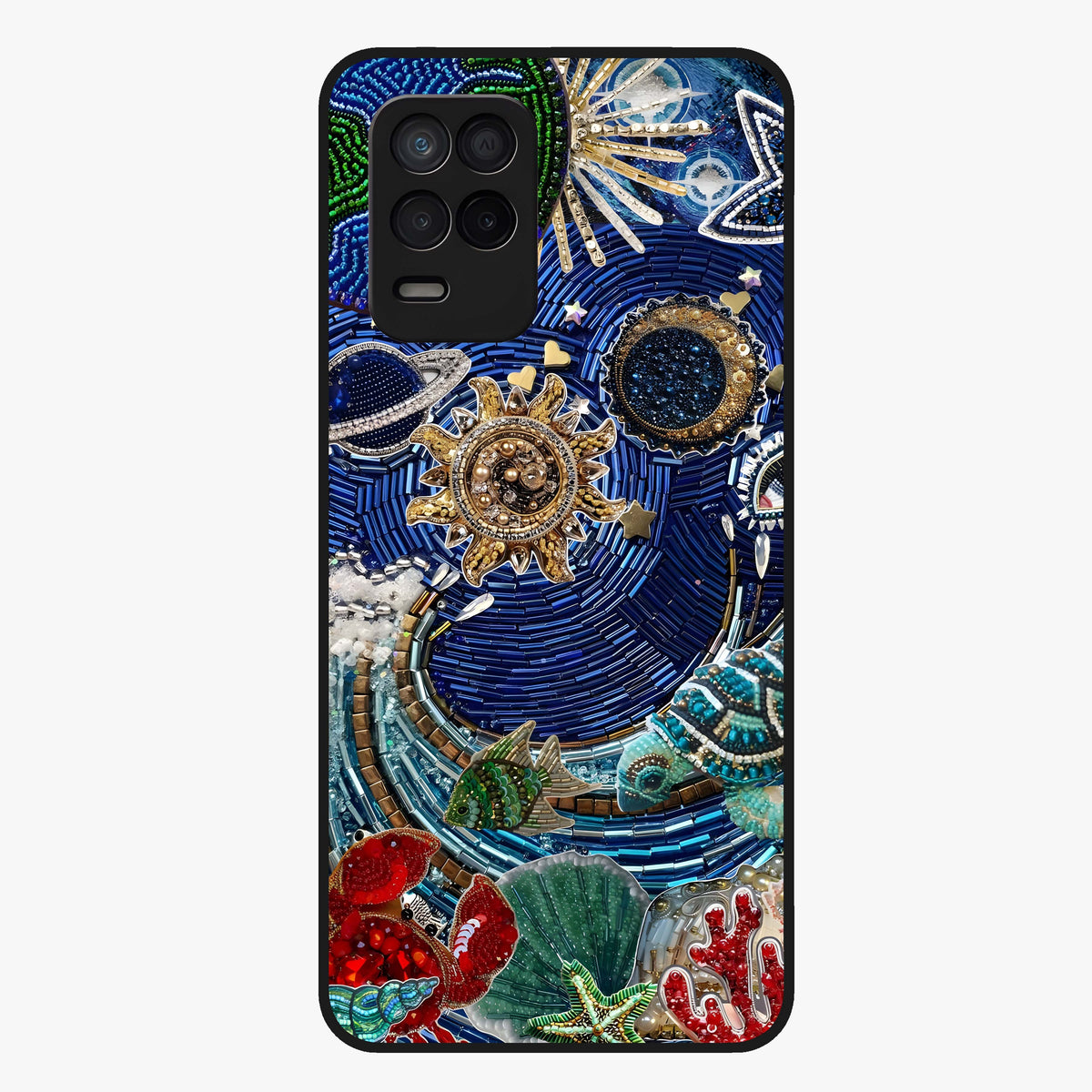 Universe Underwater Spark Glass Case showing flat back view with cosmic underwater themed artwork and glossy glass finish.