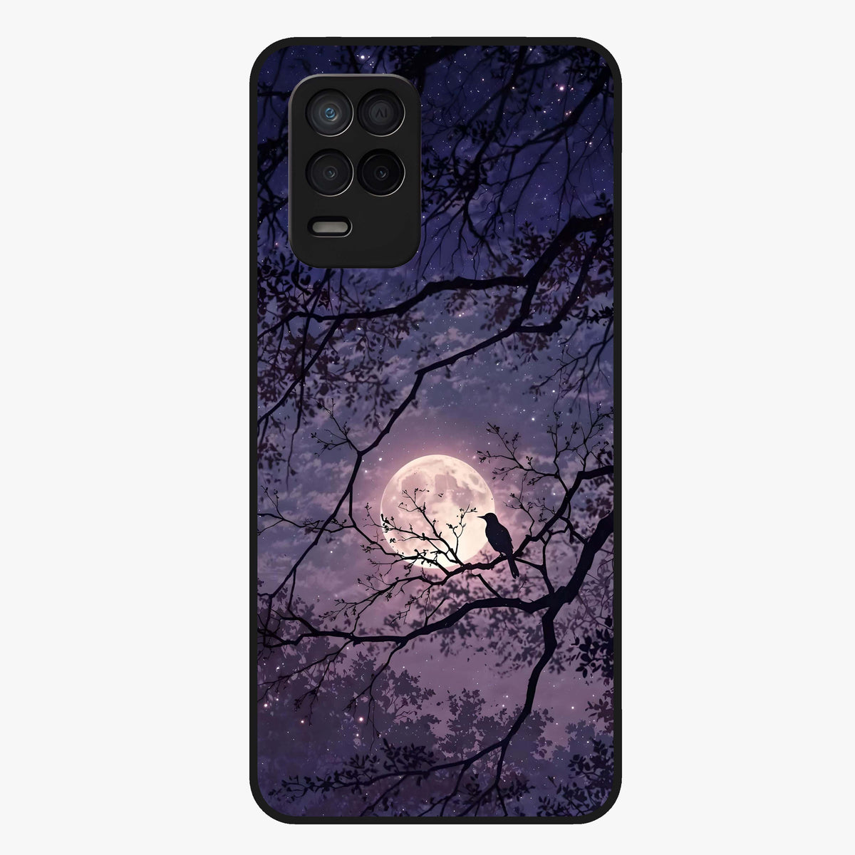 Whispering Moon Silence Glass Case showing flat back view with serene moon themed artwork and glossy glass finish.