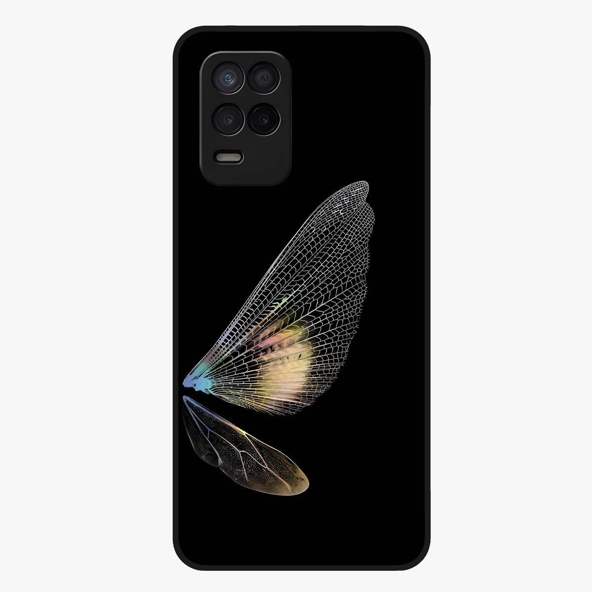 Whispers Of Wings Glass Case showing flat back view with graceful wing inspired artwork and glossy glass finish.