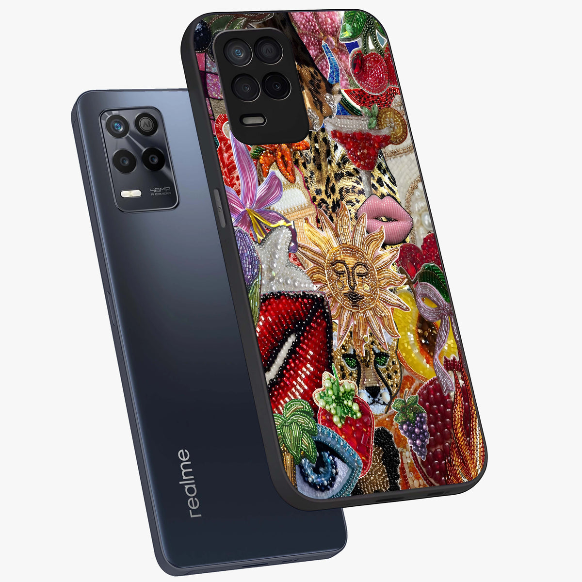 Beaded Fashion Jungle Glass Case displayed in angled mockup highlighting colorful fashion bead design and artistic pattern.