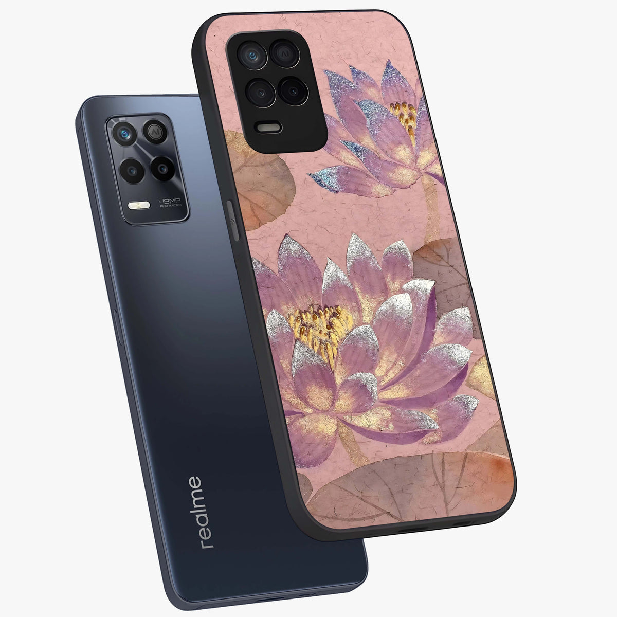 Blossom Mist Lotus Glass Case displayed in angled mockup highlighting delicate lotus illustration with calm aesthetic theme.