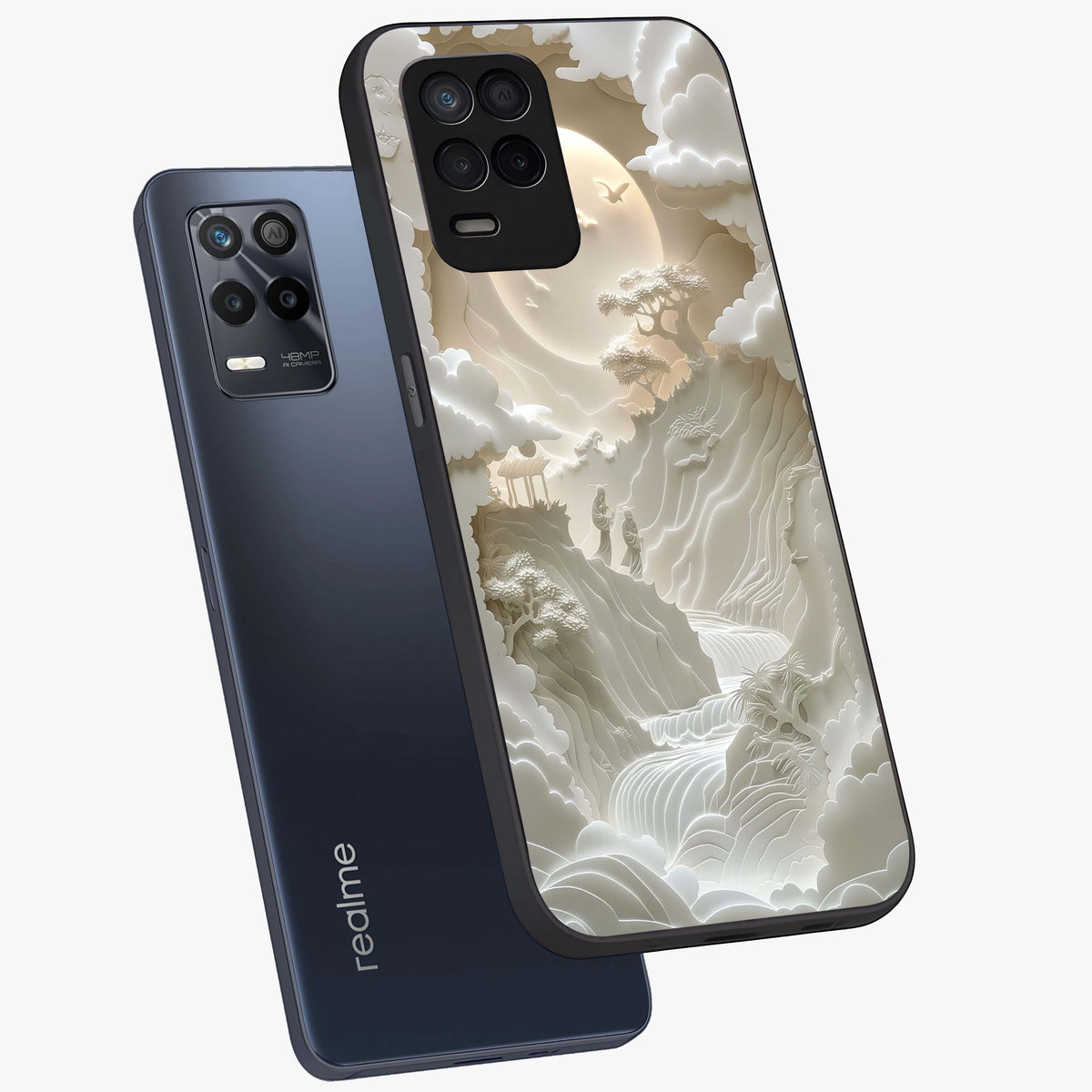 Celestial Origami Glass Case displayed in angled mockup highlighting geometric origami design with cosmic aesthetic theme.