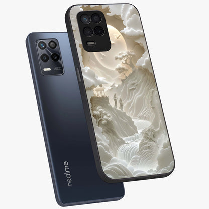 Celestial Origami Glass Case displayed in angled mockup highlighting geometric origami design with cosmic aesthetic theme.