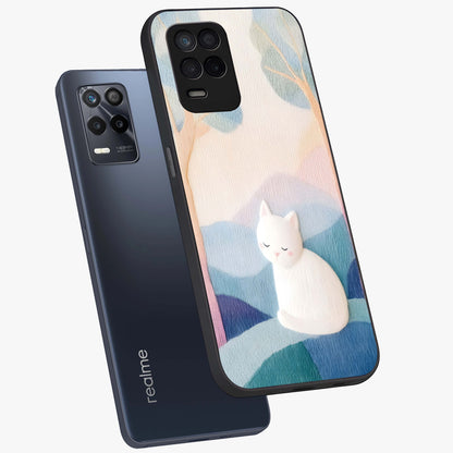 Cotton Dream Cat Glass Case displayed in angled mockup highlighting cute feline illustration with pastel aesthetic style.