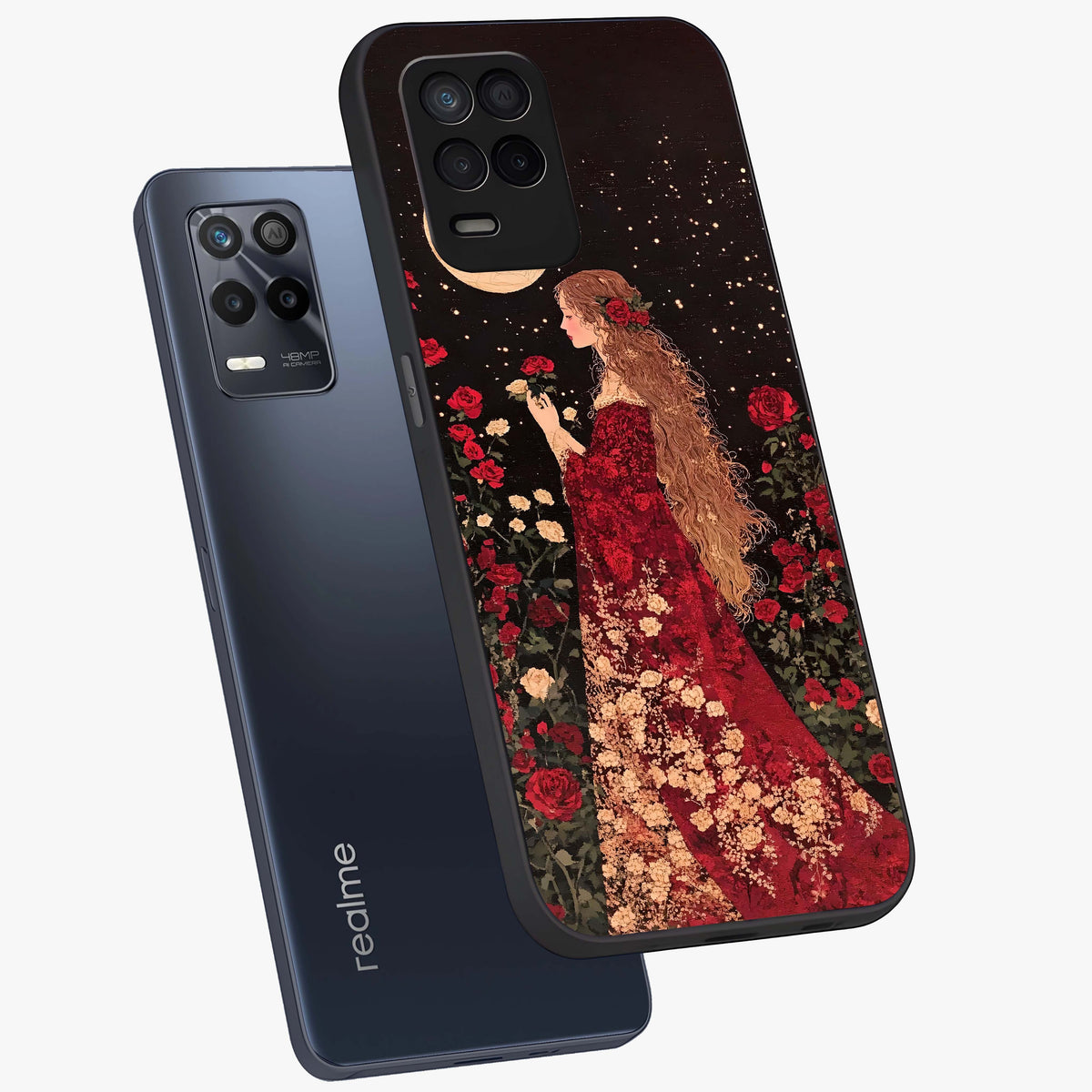 Crimson Dreams Glass Case displayed in angled mockup highlighting soft crimson aesthetic design with artistic theme.