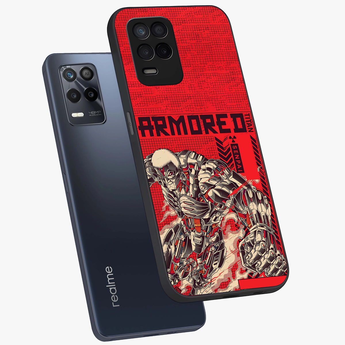 Crimson Mecha Titan Glass Case displayed in angled mockup highlighting futuristic mech illustration with bold crimson aesthetic.