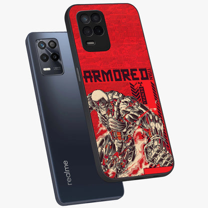 Crimson Mecha Titan Glass Case displayed in angled mockup highlighting futuristic mech illustration with bold crimson aesthetic.