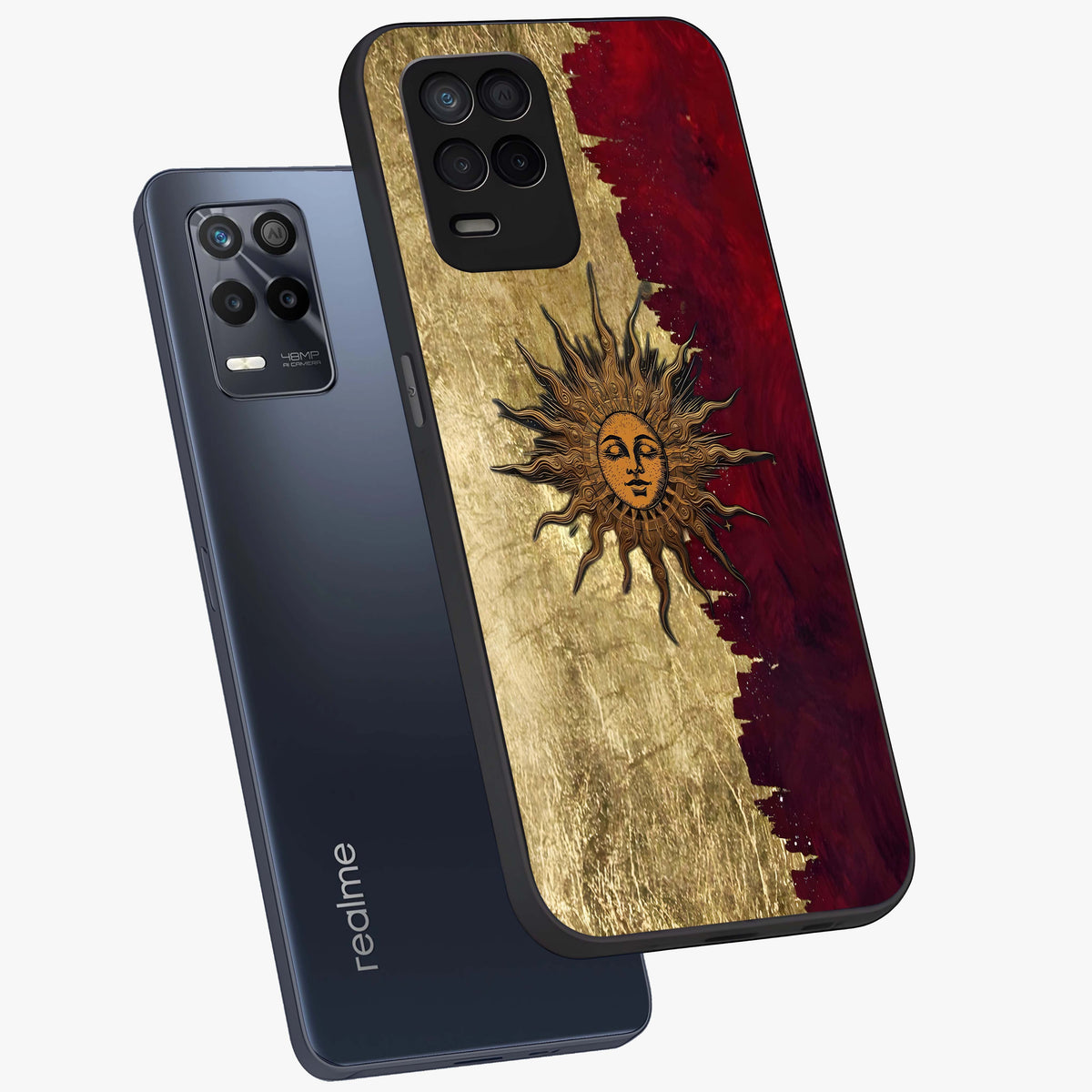 Crimson Sun Majesty Glass Case displayed in angled mockup highlighting majestic crimson sun design with bold aesthetic style.