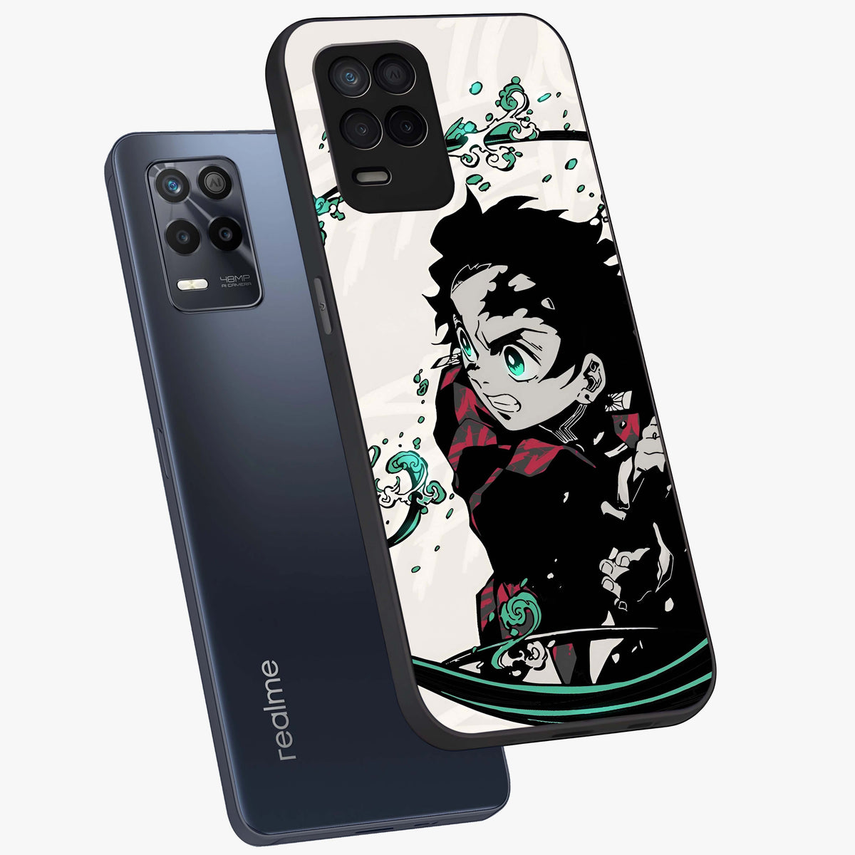 Demon Slayer Glass Case displayed in angled mockup highlighting dramatic anime character design with action aesthetic.