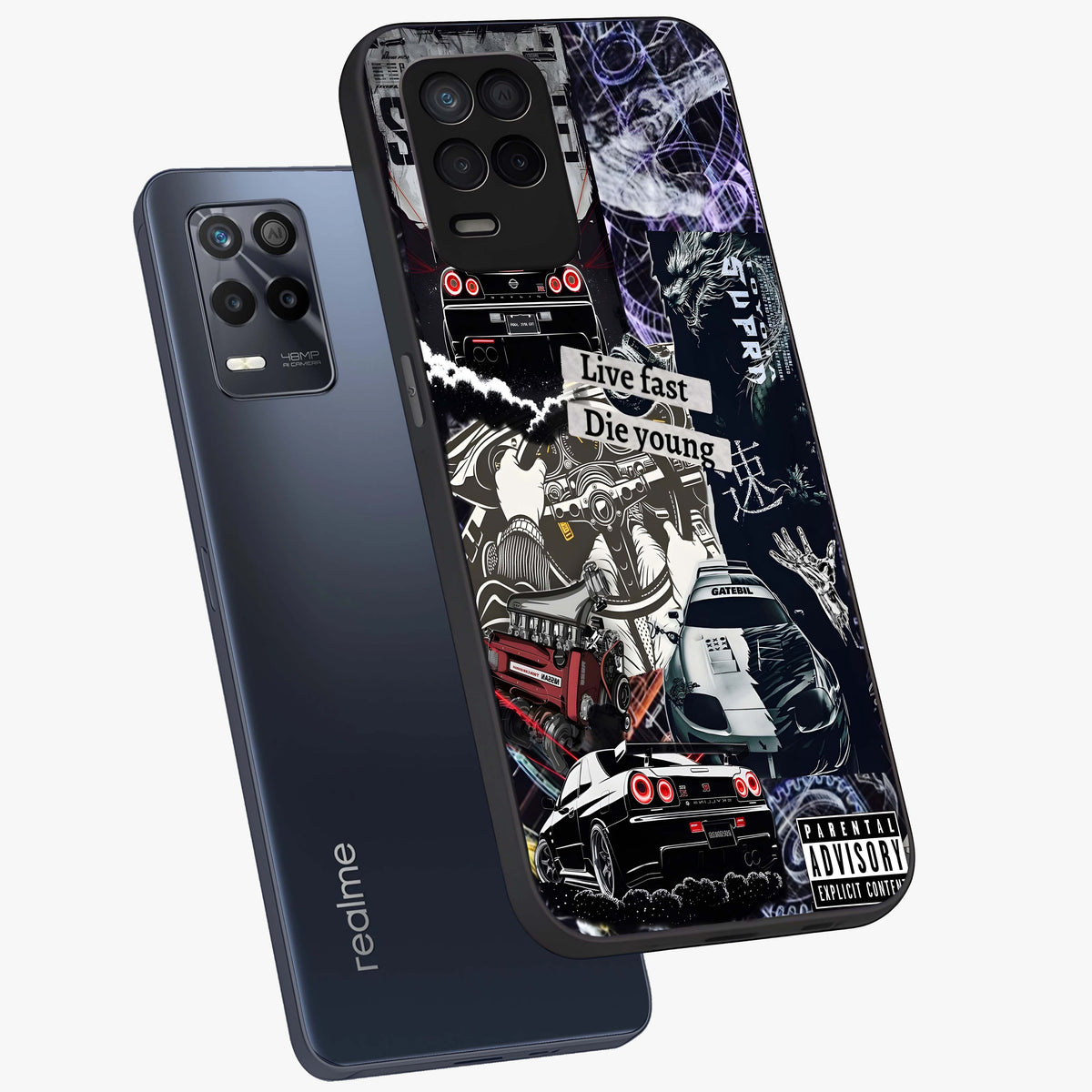 Die Young Glass Case displayed in angled mockup highlighting expressive graphic artwork with edgy aesthetic style.