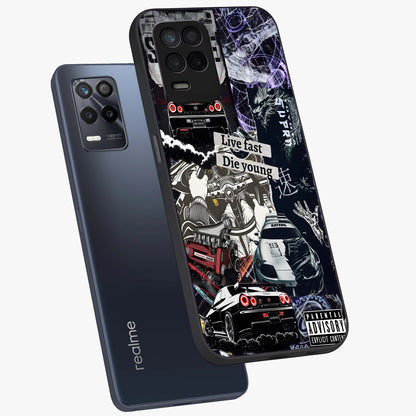 Die Young Glass Case displayed in angled mockup highlighting expressive graphic artwork with edgy aesthetic style.
