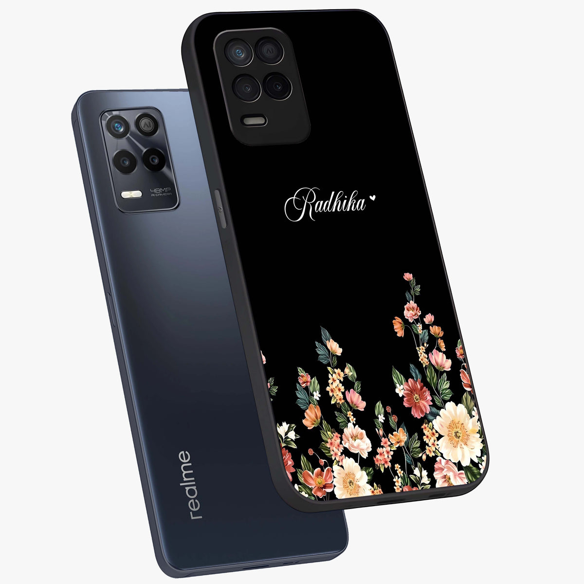 Floral Design With a Custom Personalized Name Glass Case displayed in angled mockup highlighting elegant floral pattern with custom name feature.