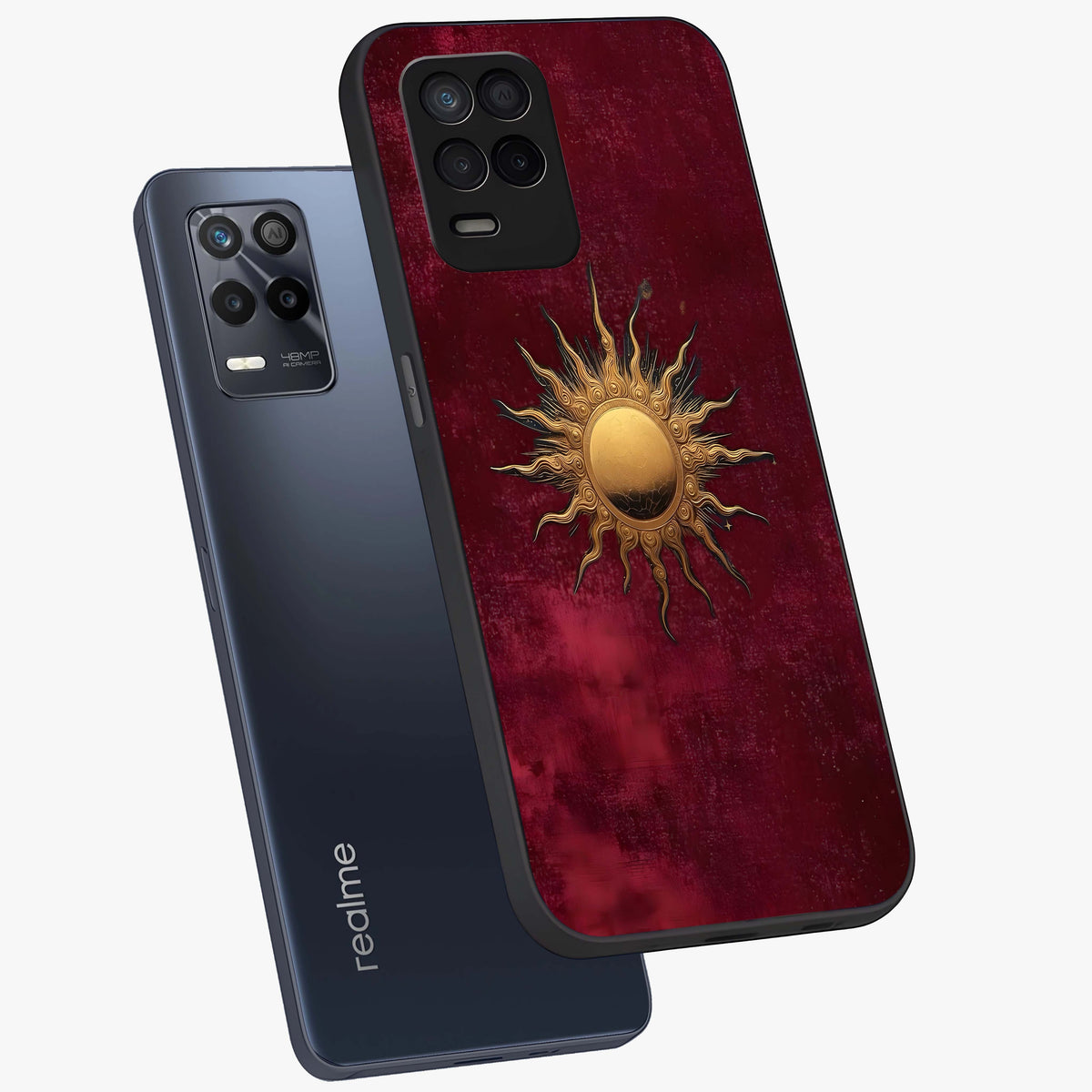 Golden Sun Minimalism Glass Case displayed in angled mockup highlighting clean sun symbol design with modern minimal aesthetic.