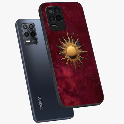 Golden Sun Minimalism Glass Case displayed in angled mockup highlighting clean sun symbol design with modern minimal aesthetic.