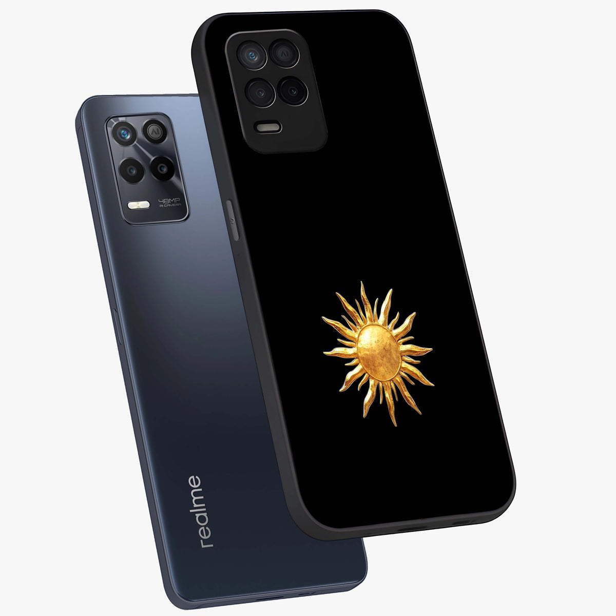 Golden Sun Minimalism Glass Case displayed in angled mockup highlighting eerie shadow illustration with gothic aesthetic.