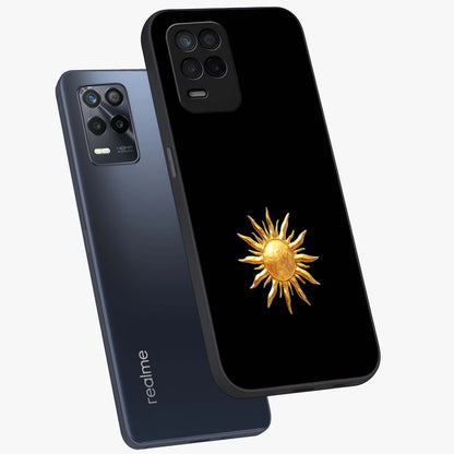 Golden Sun Minimalism Glass Case displayed in angled mockup highlighting eerie shadow illustration with gothic aesthetic.