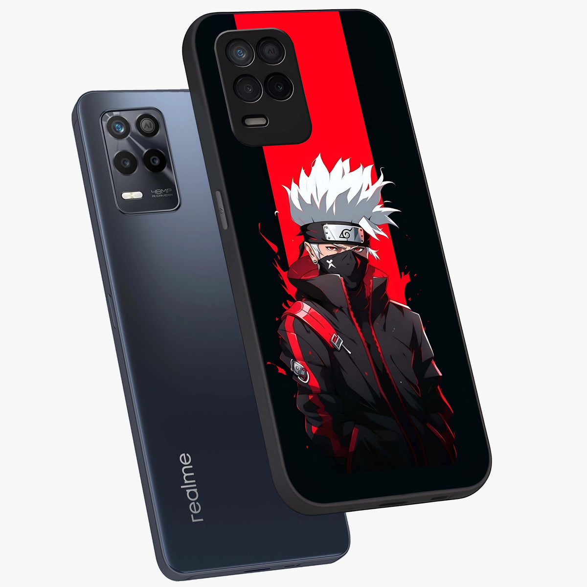 Kakashi Scarlet Shadow Glass Case displayed in angled mockup highlighting dramatic ninja illustration with scarlet themed aesthetic.