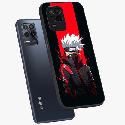 Kakashi Scarlet Shadow Glass Case displayed in angled mockup highlighting dramatic ninja illustration with scarlet themed aesthetic.