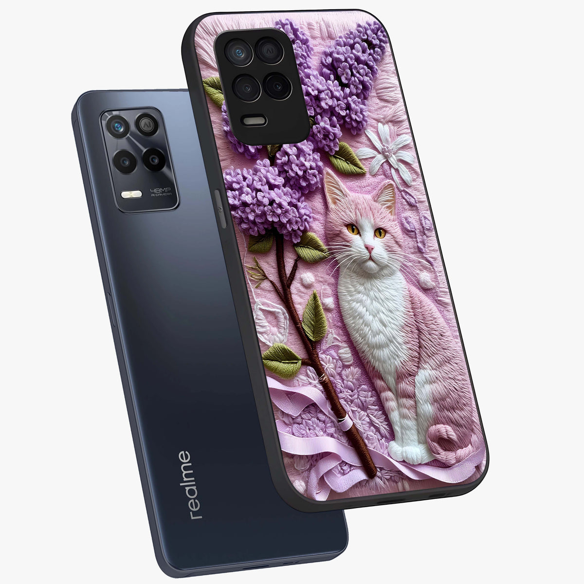 Lavender Cat Whimsy Glass Case displayed in angled mockup highlighting playful feline illustration with pastel lavender aesthetic.