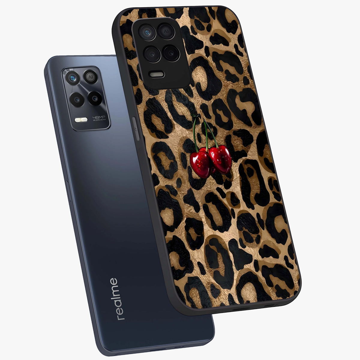 Leopard Wild Cherry Glass Case displayed in angled mockup highlighting bold animal print design with playful cherry aesthetic.