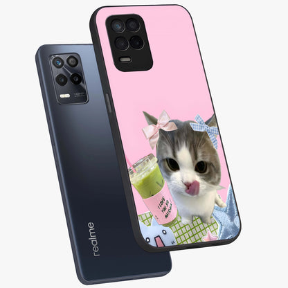 Love Matcha Cat Glass Case displayed in angled mockup highlighting playful feline illustration with cozy matcha aesthetic.