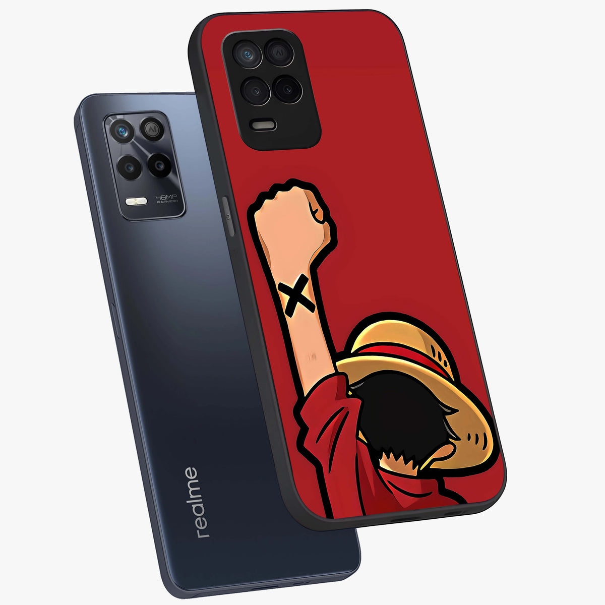 Luffy X Spirit Glass Case displayed in angled mockup highlighting powerful anime design with energetic action aesthetic.