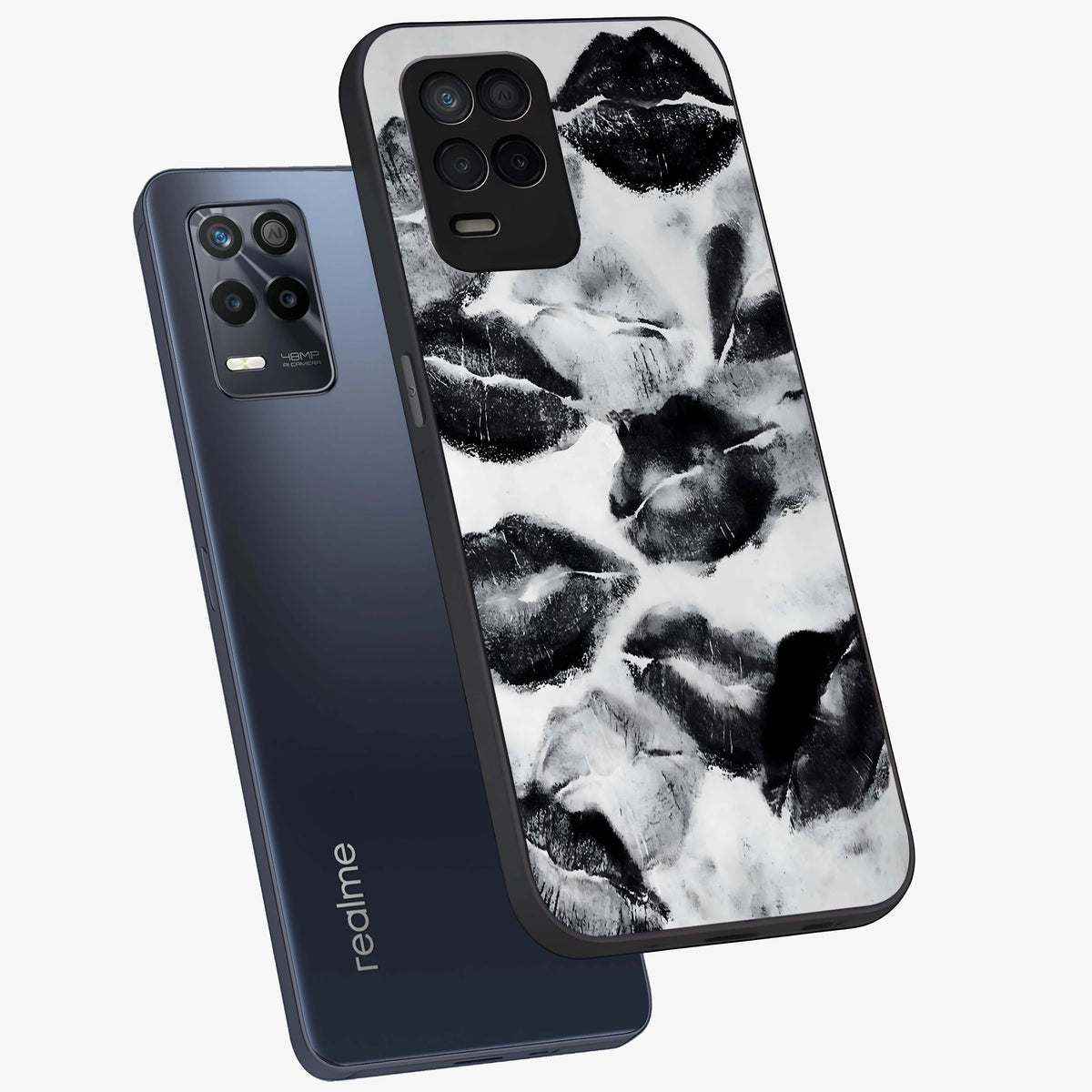 Midnight Kiss Marks Glass Case displayed in angled mockup highlighting playful romantic design with bold midnight aesthetic.