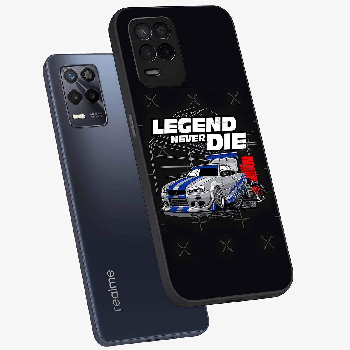 Midnight Racing Legacy Glass Case displayed in angled mockup highlighting dynamic automotive design with bold midnight aesthetic.