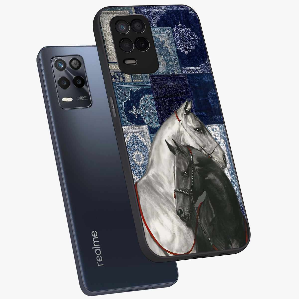 Midnight Stallion Blues Glass Case displayed in angled mockup highlighting powerful stallion illustration with deep midnight tones.