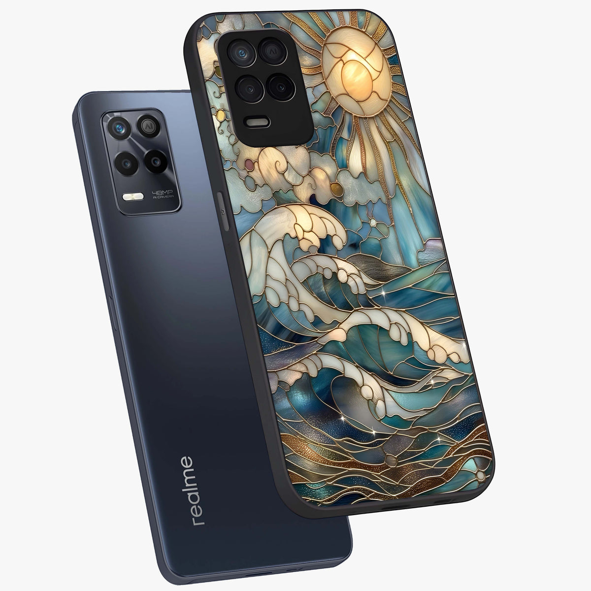 Oceanic Stained Printed Glass Case displayed in angled mockup highlighting colorful aquatic design with artistic aesthetic style.