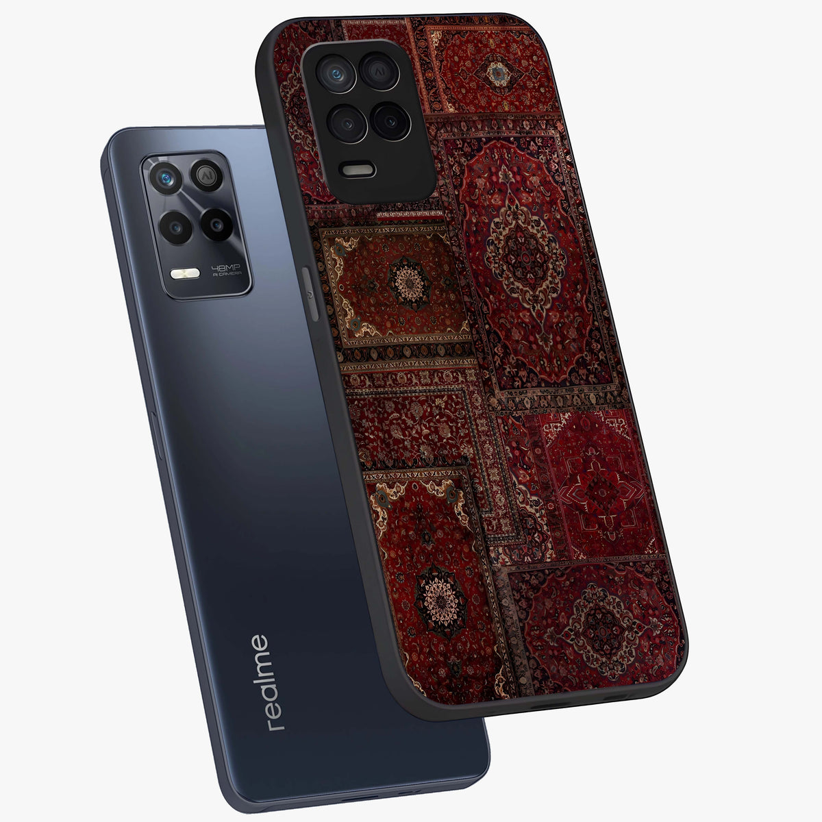 Persian Velvet Tale Glass Case displayed in angled mockup highlighting ornate textile inspired design with royal aesthetic.