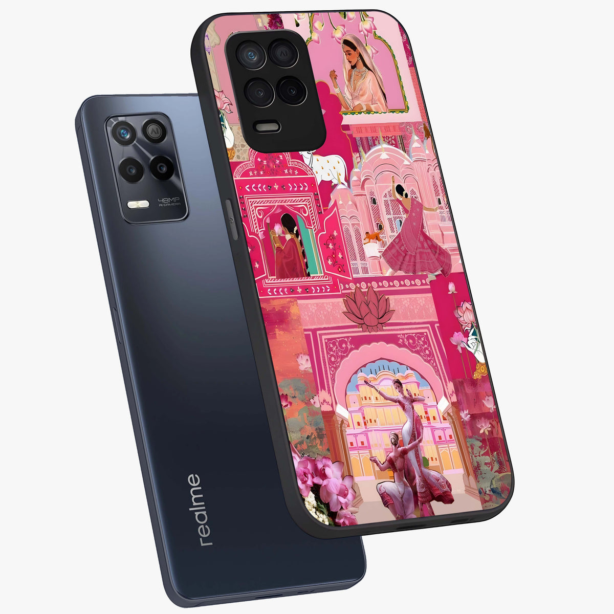 Pink Palace Muse Glass Case displayed in angled mockup highlighting dreamy palace illustration with soft pink aesthetic.