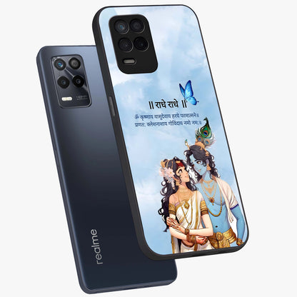 Radha Krishna Eternal Glass Case displayed in angled mockup highlighting divine Radha Krishna illustration with spiritual aesthetic.