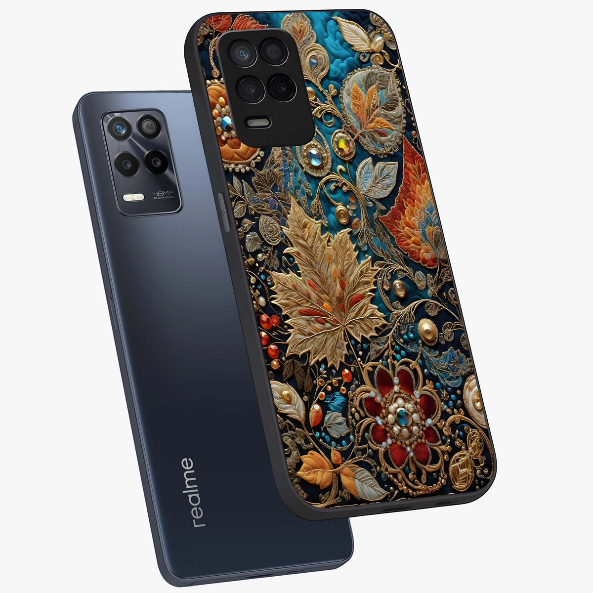 Royal Jewel Garden Glass Case displayed in angled mockup highlighting vibrant jewel inspired floral design with elegant aesthetic.