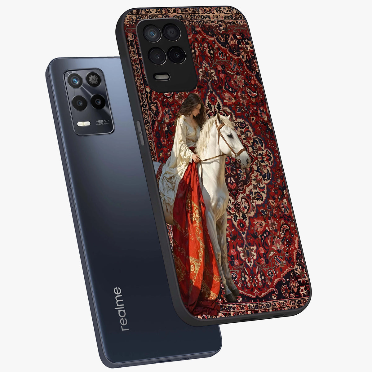 Royal Rider Tapestry Glass Case displayed in angled mockup highlighting traditional tapestry design with royal heritage aesthetic.