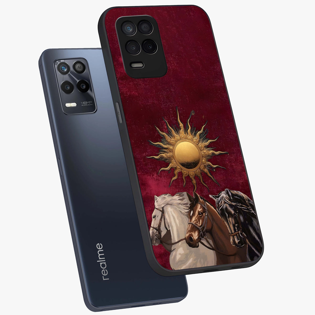 Solar Riders Glass Case displayed in angled mockup highlighting powerful rider illustration with radiant solar aesthetic.