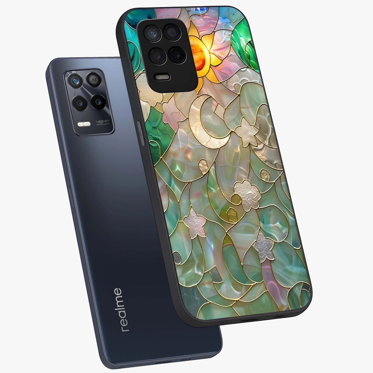 Stained Sunrise Glow Glass Case displayed in angled mockup highlighting radiant sunrise design with artistic aesthetic style.