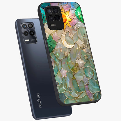 Stained Sunrise Glow Glass Case displayed in angled mockup highlighting radiant sunrise design with artistic aesthetic style.