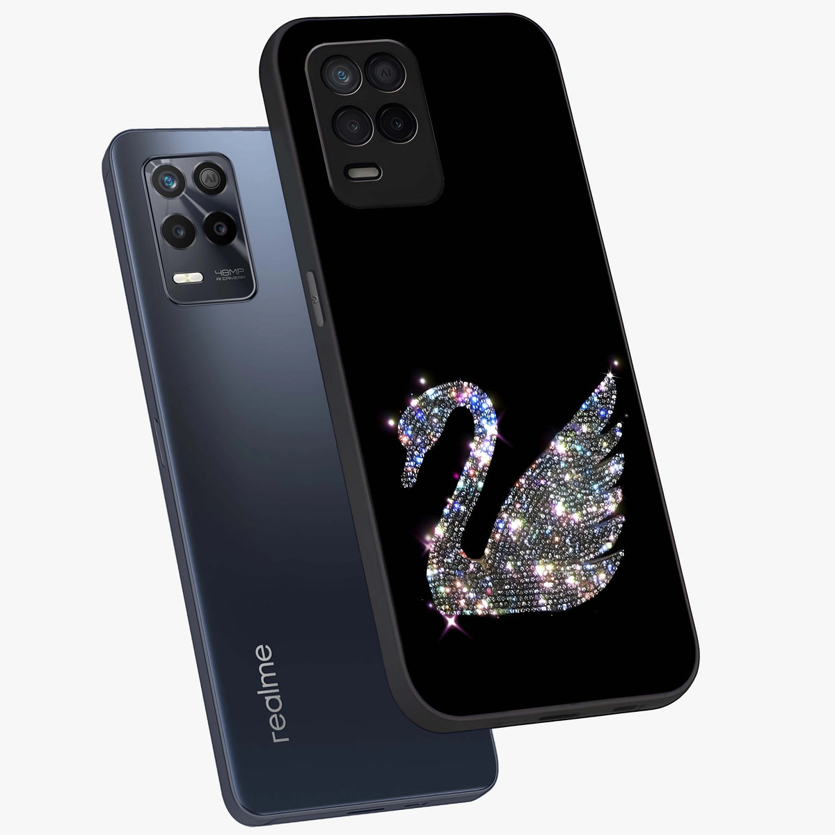 Starlit Swan Grace Glass Case displayed in angled mockup highlighting elegant swan illustration with dreamy celestial aesthetic.