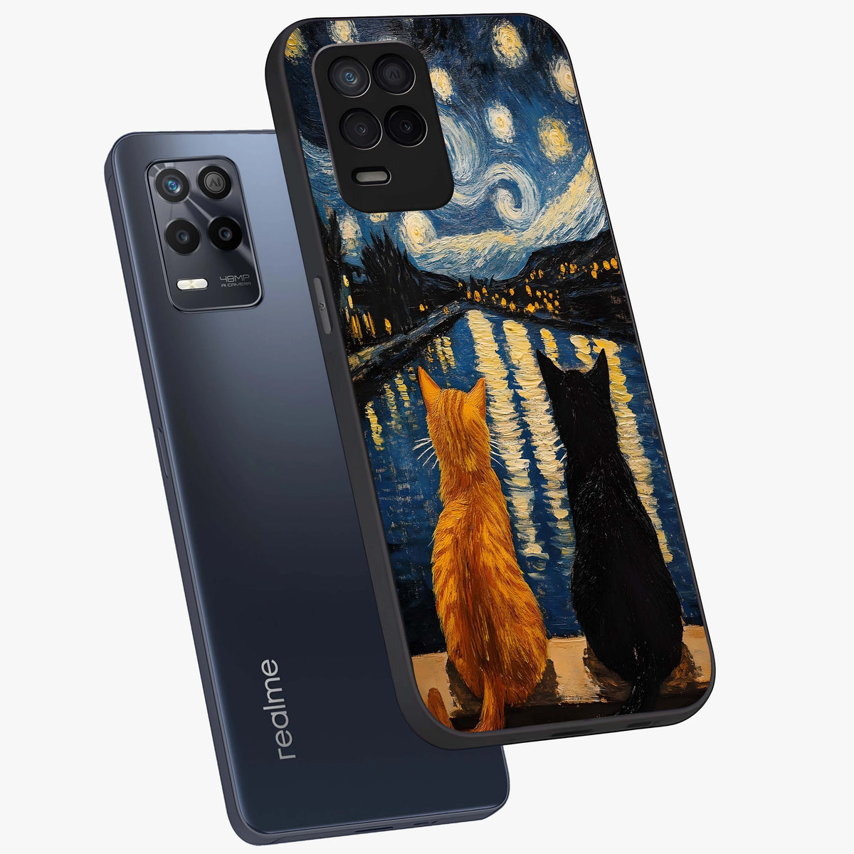 Starry River Cats Glass Case displayed in angled mockup highlighting charming feline illustration with dreamy night aesthetic.
