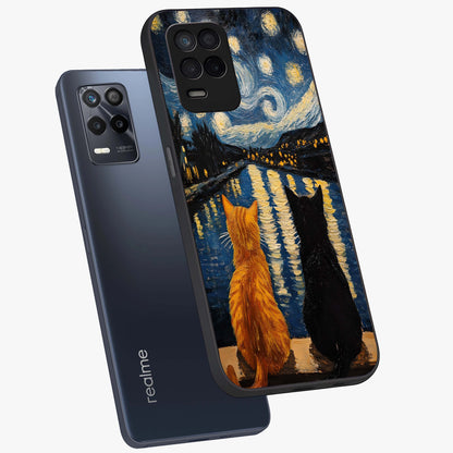Starry River Cats Glass Case displayed in angled mockup highlighting charming feline illustration with dreamy night aesthetic.