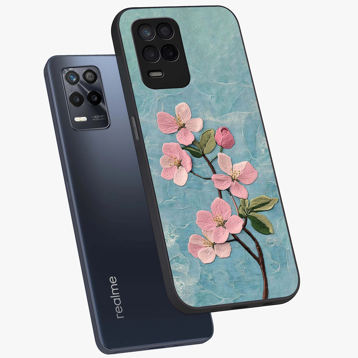 Threaded Blossom Breeze Glass Case displayed in angled mockup highlighting elegant floral design with soft aesthetic style.