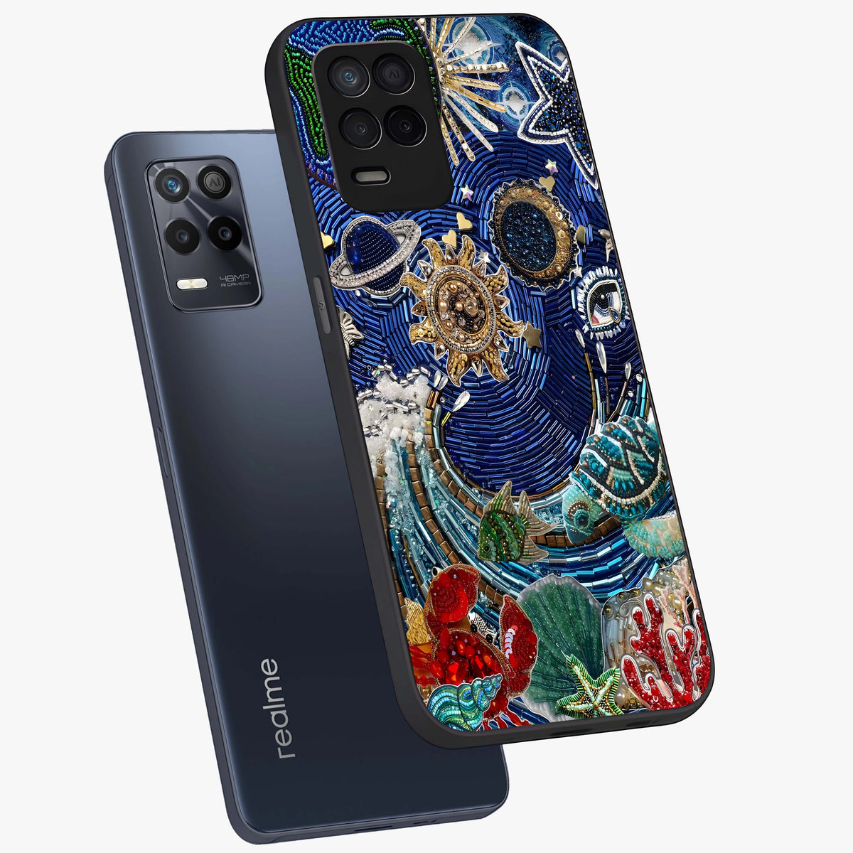 Universe Underwater Spark Glass Case displayed in angled mockup highlighting glowing aquatic design with celestial aesthetic.