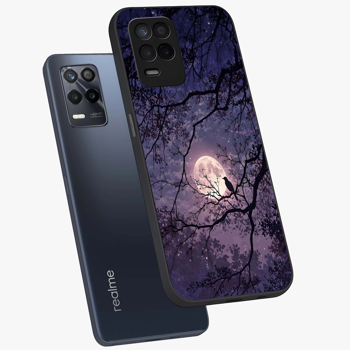 Whispering Moon Silence Glass Case displayed in angled mockup highlighting calm lunar design with dreamy night aesthetic.