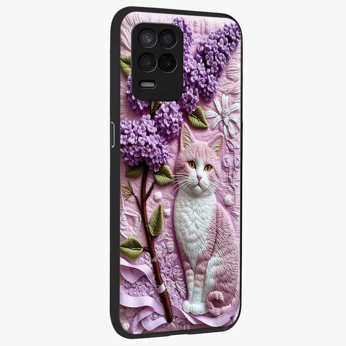 Lavender Cat Whimsy Glass Case upright view showcasing charming cat artwork with whimsical lavender theme.