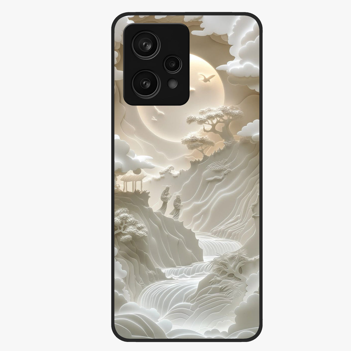 Celestial Origami Glass Case showing flat back view with artistic origami inspired celestial artwork and glossy glass finish.
