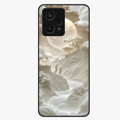 Celestial Origami Glass Case showing flat back view with artistic origami inspired celestial artwork and glossy glass finish.