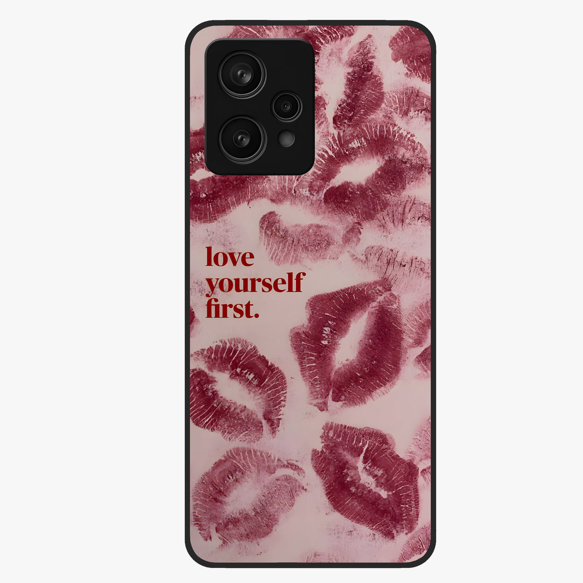 Crimson Kiss Love Glass Case showing flat back view with romantic crimson themed artwork and glossy glass finish.